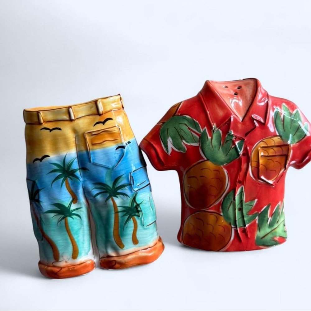 Tropical Ceramic Shirt and Shorts Salt & Pepper Set - Red, Blue, Yellow, Green